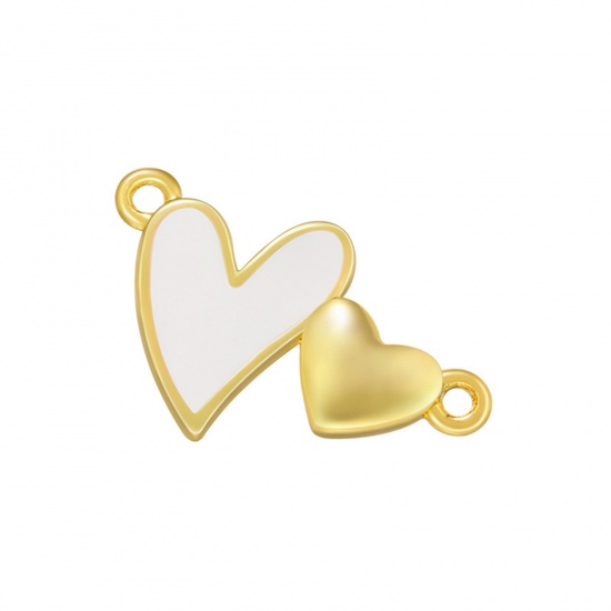 Picture of Brass Connectors Charms Pendants Gold Plated White Heart Enamel 17.5mm x 10.5mm, 1 Piece                                                                                                                                                                      