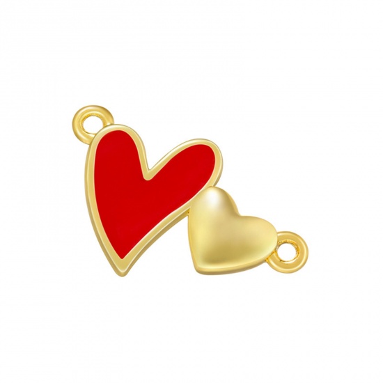 Picture of Brass Connectors Charms Pendants Gold Plated Red Heart Enamel 17.5mm x 10.5mm, 1 Piece                                                                                                                                                                        