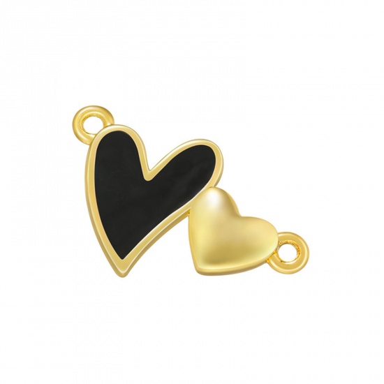 Picture of Brass Connectors Charms Pendants Gold Plated Black Heart Enamel 17.5mm x 10.5mm, 1 Piece                                                                                                                                                                      