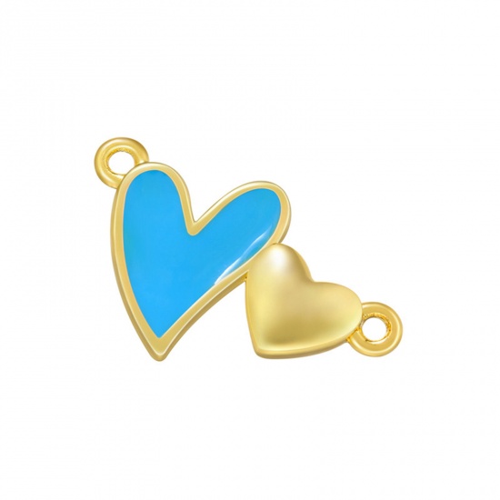 Picture of Brass Connectors Charms Pendants Gold Plated Blue Heart Enamel 17.5mm x 10.5mm, 1 Piece                                                                                                                                                                       
