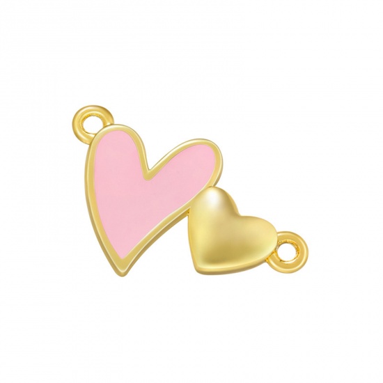 Picture of Brass Connectors Charms Pendants Gold Plated Pink Heart Enamel 17.5mm x 10.5mm, 1 Piece                                                                                                                                                                       