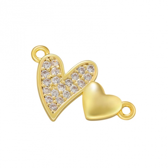 Picture of Brass Connectors Charms Pendants Gold Plated Heart Clear Rhinestone 17.5mm x 10.5mm, 1 Piece                                                                                                                                                                  