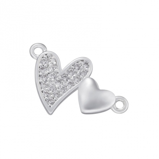 Picture of Brass Connectors Charms Pendants Silver Tone Heart Clear Rhinestone 17.5mm x 10.5mm, 1 Piece                                                                                                                                                                  