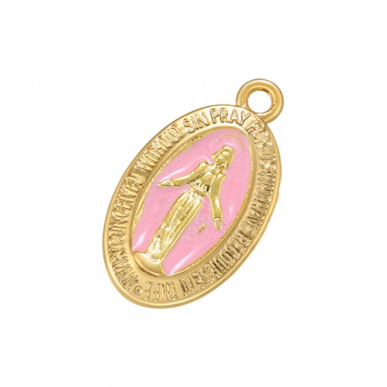 Изображение Латунь религия Подвески Позолоченный Розовый Овальные Богородица С Эмалью 21мм x 12мм, 1 ШТ                                                                                                                                                                   