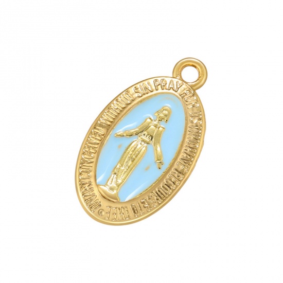 Picture of Brass Religious Charms Gold Plated Light Blue Oval Virgin Mary Enamel 21mm x 12mm, 1 Piece                                                                                                                                                                    