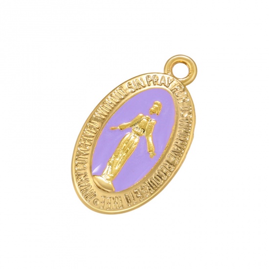 Изображение Латунь религия Подвески Позолоченный Фиолетовый Овальные Богородица С Эмалью 21мм x 12мм, 1 ШТ                                                                                                                                                                