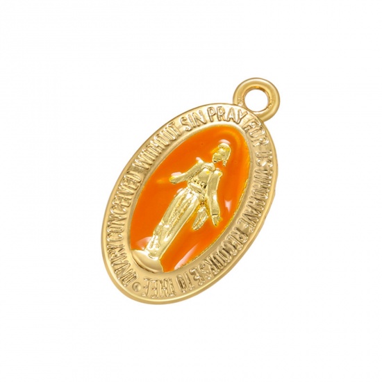 Picture of Brass Religious Charms Gold Plated Orange Oval Virgin Mary Enamel 21mm x 12mm, 1 Piece                                                                                                                                                                        