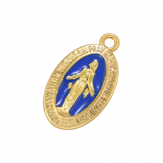 Picture of Brass Religious Charms Gold Plated Dark Blue Oval Virgin Mary Enamel 21mm x 12mm, 1 Piece                                                                                                                                                                     