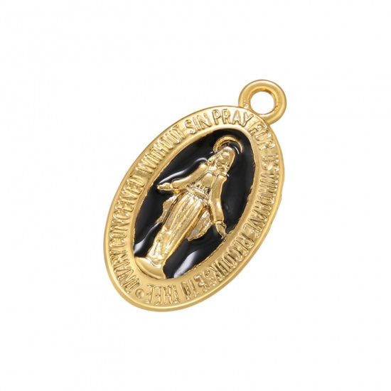 Picture of Brass Religious Charms Gold Plated Black Oval Virgin Mary Enamel 21mm x 12mm, 1 Piece                                                                                                                                                                         