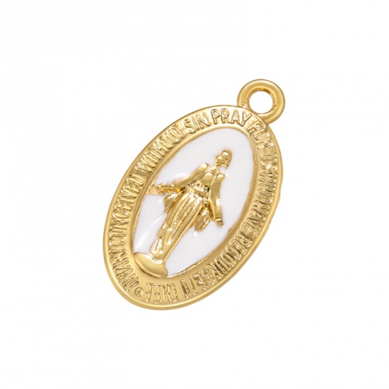 Picture of Brass Religious Charms Gold Plated White Oval Virgin Mary Enamel 21mm x 12mm, 1 Piece                                                                                                                                                                         