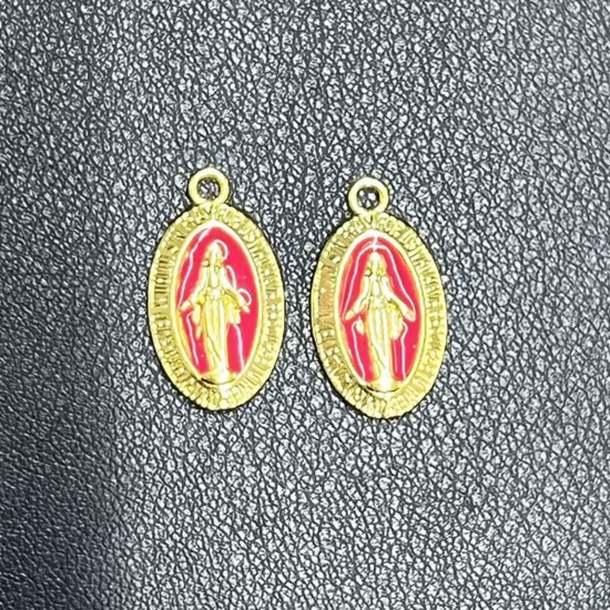 Picture of Brass Religious Charms Gold Plated Red Oval Virgin Mary Enamel 21mm x 12mm, 1 Piece                                                                                                                                                                           