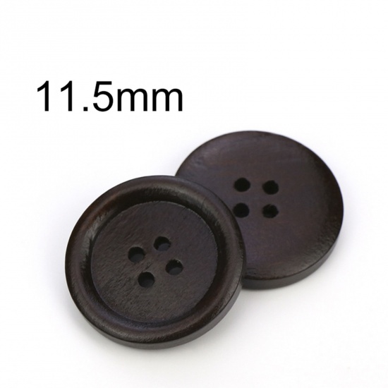 Picture of Natural Wood Buttons Scrapbooking 4 Holes Round Dark Coffee 11.5mm Dia., 100 PCs