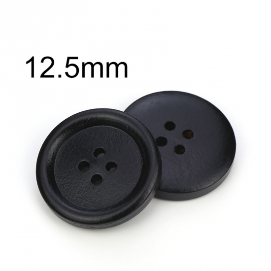Picture of Wood Buttons Scrapbooking 4 Holes Round Black 12.5mm Dia., 100 PCs