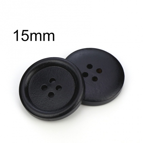 Picture of Wood Buttons Scrapbooking 4 Holes Round Black 15mm Dia., 100 PCs