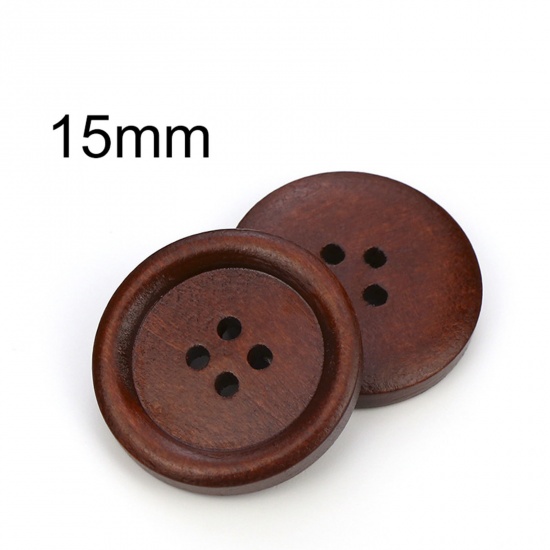 Picture of Wood Buttons Scrapbooking 4 Holes Round Red Brown 15mm Dia., 100 PCs