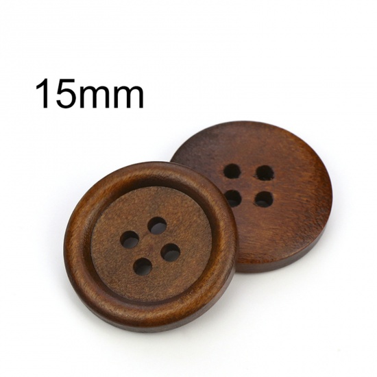 Picture of Wood Buttons Scrapbooking 4 Holes Round Brown 15mm Dia., 100 PCs