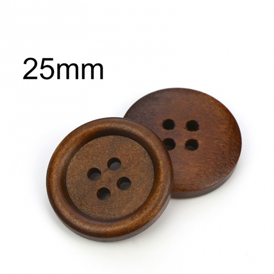 Picture of Wood Buttons Scrapbooking 4 Holes Round Brown 25mm Dia., 100 PCs