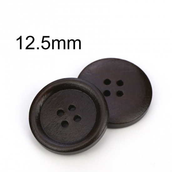Picture of Wood Buttons Scrapbooking 4 Holes Round Dark Coffee 12.5mm Dia., 100 PCs