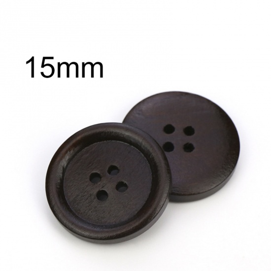 ウッド ボタン スクラップブッキング ソーイング 縫製 4つ穴 円形 ダークコーヒー 15mm直径 100 個 の画像