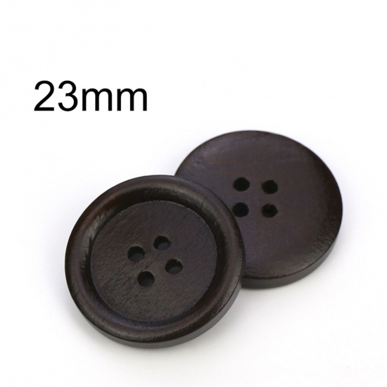ウッド ボタン スクラップブッキング ソーイング 縫製 4つ穴 円形 ダークコーヒー 23mm直径 100 個 の画像