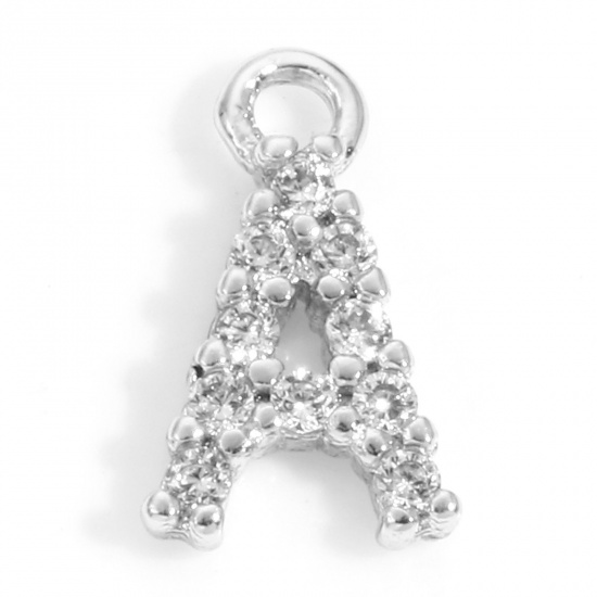 Picture of Brass Charms Real Platinum Plated Capital Alphabet/ Letter Message " A " Micro Pave Clear Cubic Zirconia 9mm x 5mm, 2 PCs