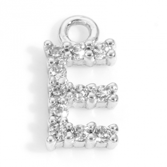 Picture of Brass Charms Real Platinum Plated Capital Alphabet/ Letter Message " E " Micro Pave Clear Cubic Zirconia 9mm x 4.5mm, 2 PCs