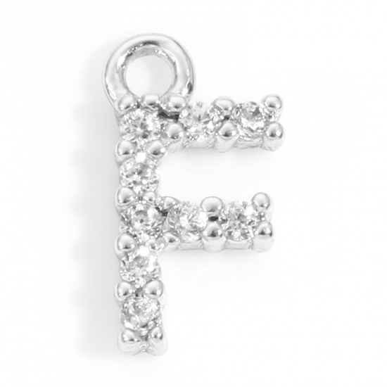 Picture of Brass Charms Real Platinum Plated Capital Alphabet/ Letter Message " F " Micro Pave Clear Cubic Zirconia 9mm x 5mm, 2 PCs