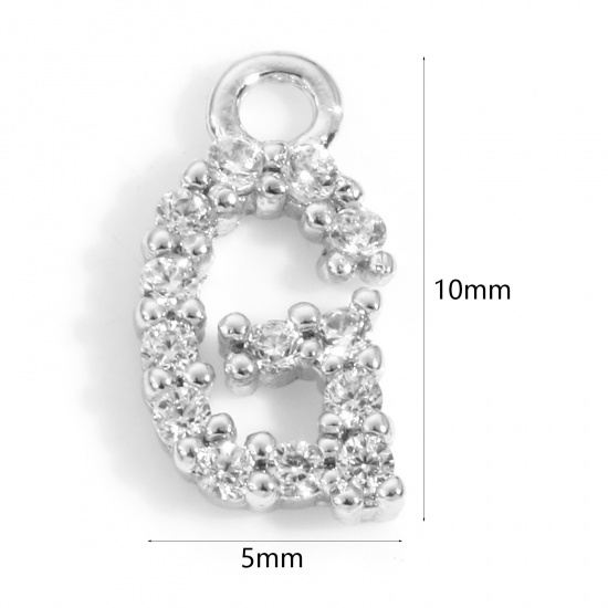 Imagen de Latón Colgantes Charms Letras Platino Real Chapado Mensaje " G " Micro Pave Claro Circón Artificial 10mm x 5mm, 2 Unidades