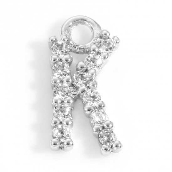 Picture of Brass Charms Real Platinum Plated Capital Alphabet/ Letter Message " K " Micro Pave Clear Cubic Zirconia 9mm x 4.5mm, 2 PCs