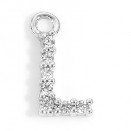 Picture of Brass Charms Real Platinum Plated Capital Alphabet/ Letter Message " L " Micro Pave Clear Cubic Zirconia 9mm x 5mm, 2 PCs