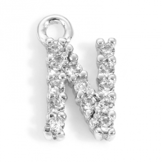 Picture of Brass Charms Real Platinum Plated Capital Alphabet/ Letter Message " N " Micro Pave Clear Cubic Zirconia 9mm x 5mm, 2 PCs