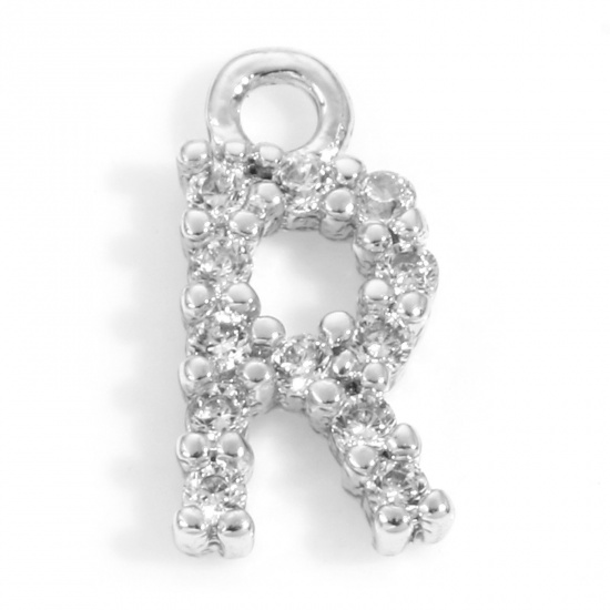 Picture of Brass Charms Real Platinum Plated Capital Alphabet/ Letter Message " R " Micro Pave Clear Cubic Zirconia 9mm x 5mm, 2 PCs