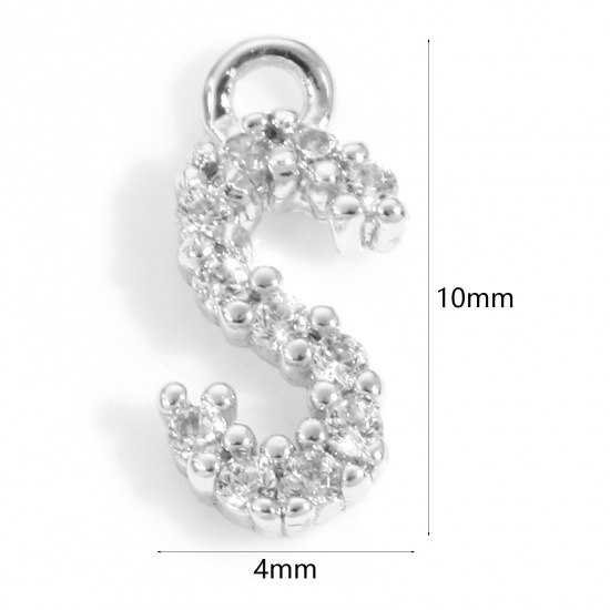 Imagen de Latón Colgantes Charms Letras Platino Real Chapado Mensaje " S " Micro Pave Claro Circón Artificial 10mm x 4mm, 2 Unidades