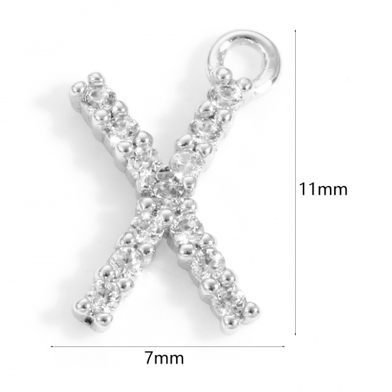 Imagen de Latón Colgantes Charms Letras Platino Real Chapado Mensaje " X " Micro Pave Claro Circón Artificial 11mm x 7mm, 2 Unidades