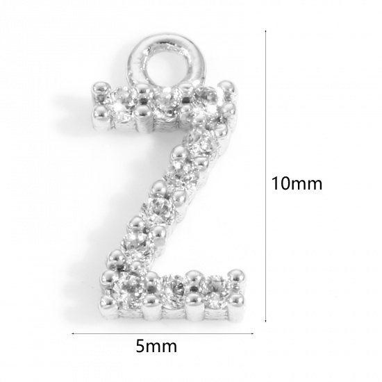 Imagen de Latón Colgantes Charms Letras Platino Real Chapado Mensaje " Z " Micro Pave Claro Circón Artificial 10mm x 5mm, 2 Unidades