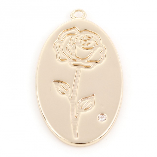 Immagine di Ottone Fiore del Mese di Nascita Charms Ovale 18K Vero Oro Placcato Rosa Trasparente Cubic Zirconiae 27mm x 15mm, 2 Pz