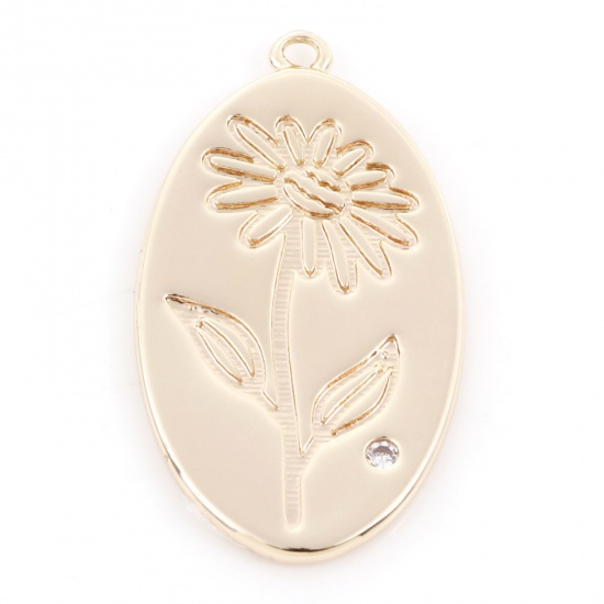 Immagine di Ottone Fiore del Mese di Nascita Charms Ovale 18K Vero Oro Placcato Fiore Margherita Trasparente Cubic Zirconiae 27mm x 15mm, 2 Pz