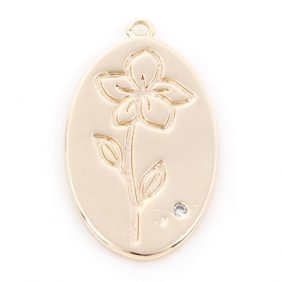 Immagine di Ottone Fiore del Mese di Nascita Charms Ovale 18K Vero Oro Placcato Viola Trasparente Cubic Zirconiae 27mm x 15mm, 2 Pz