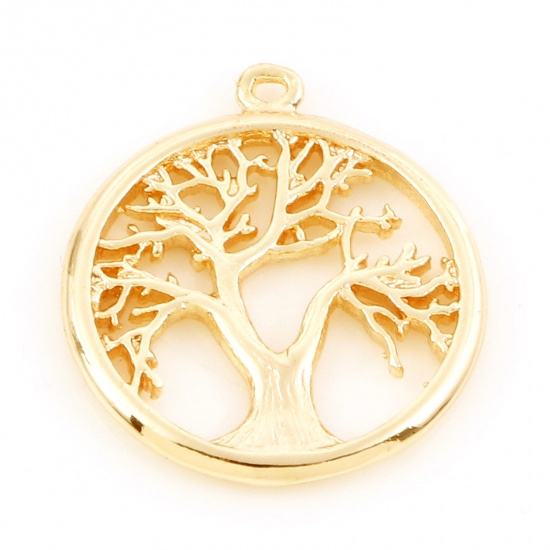 Imagen de Latón Colgantes Charms Ronda 18K Oro Real Chapado Árbol 17mm x 15mm, 3 Unidades