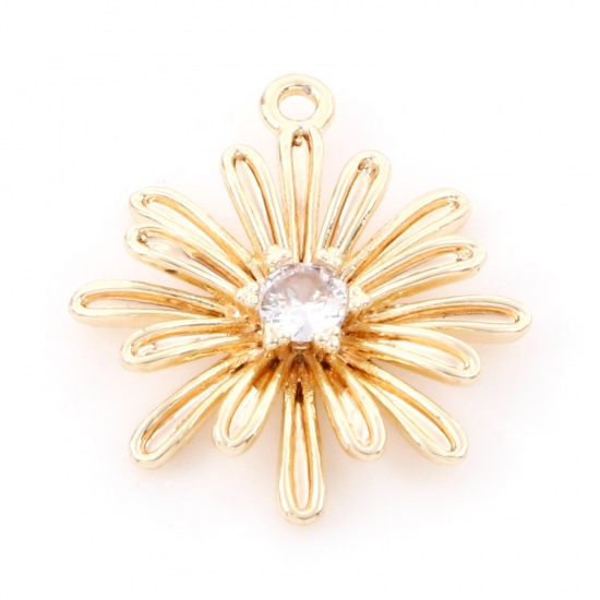 Image de Breloques en Laiton Marguerite Plaqué Or Véritable 18K 3D à Zircone Cubique Clair 17.5mm x 15mm, 2 Pcs