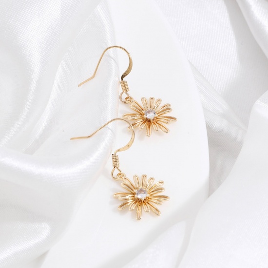 Image de Breloques en Laiton Marguerite Plaqué Or Véritable 18K 3D à Zircone Cubique Clair 17.5mm x 15mm, 2 Pcs