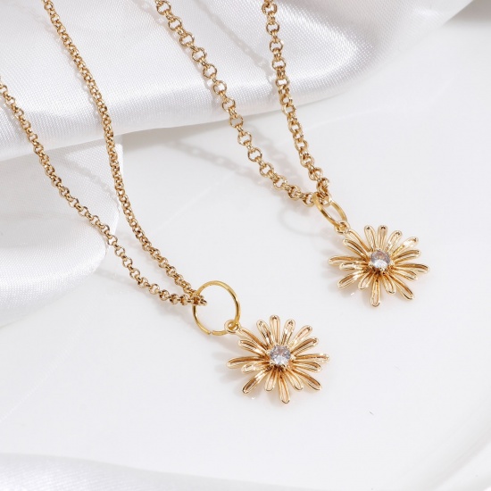 Image de Breloques en Laiton Marguerite Plaqué Or Véritable 18K 3D à Zircone Cubique Clair 17.5mm x 15mm, 2 Pcs