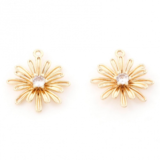 Image de Breloques en Laiton Marguerite Plaqué Or Véritable 18K 3D à Zircone Cubique Clair 17.5mm x 15mm, 2 Pcs