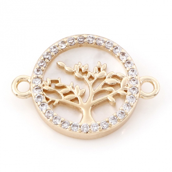 Bild von 1 Stück Natürliche Muschel & Messing Steckverbinder Charms Anhänger 18K Echtgold plattiert Rund Bäume Micro Pave Klar Kubischer Zirkon 17mm x 12mm