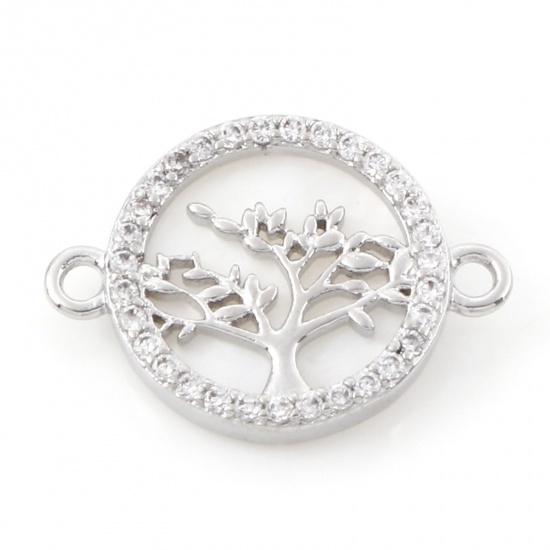 Bild von 1 Stück Natürliche Muschel & Messing Steckverbinder Charms Anhänger Echt Platin plattiert Rund Bäume Micro Pave Klar Kubischer Zirkon 17mm x 12mm