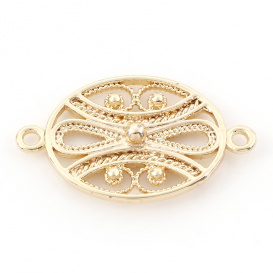 Immagine di Ottone Pendenti Charms Connettori Accessori Ovale Filigrana Disegno 18K Vero Oro Placcato 23.5mm x 14mm, 3 Pz