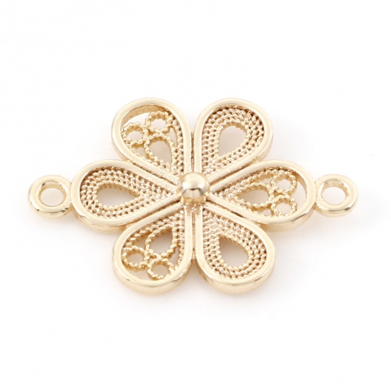 Immagine di Ottone Pendenti Charms Connettori Accessori Fiore Filigrana Disegno 18K Vero Oro Placcato 21mm x 14mm, 3 Pz