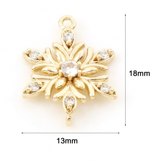 Picture of Brass Connectors Charms Pendants Christmas Snowflake 18K Real Gold Plated Clear Cubic Zirconia 18mm x 13mm, 2 PCs