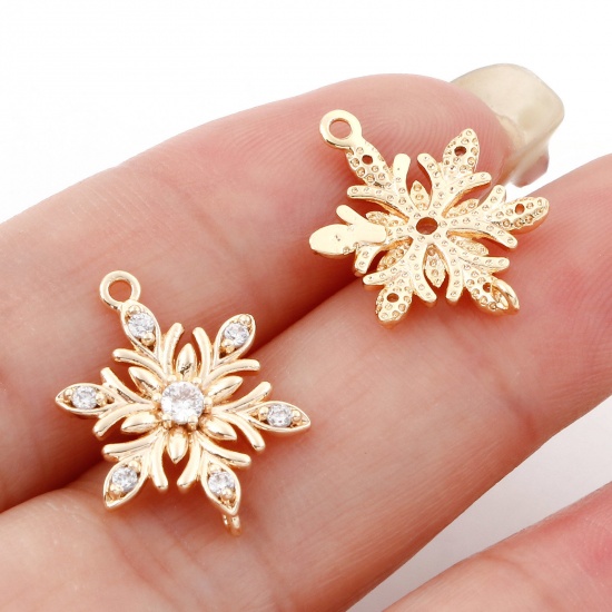 Picture of Brass Connectors Charms Pendants Christmas Snowflake 18K Real Gold Plated Clear Cubic Zirconia 18mm x 13mm, 2 PCs