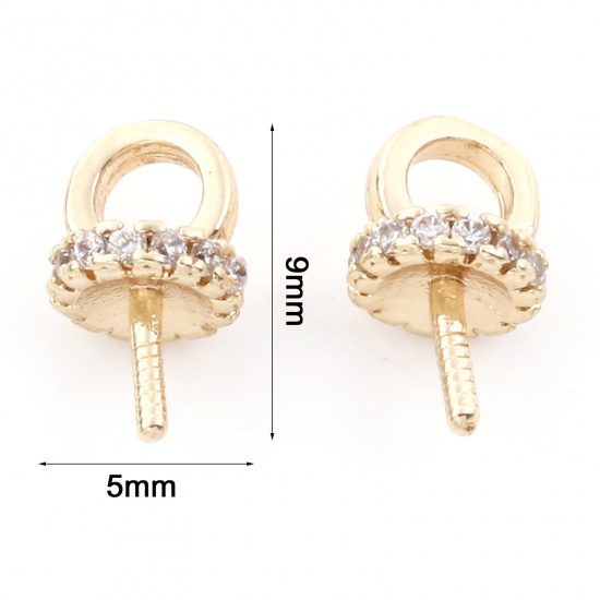 Picture of Brass Pearl Pendant Connector Bail Pin Cap 18K Real Gold Plated Round Micro Pave Needle Thickness: 0.8mm, Clear Cubic Zirconia 9mm x 5mm, 2 PCs